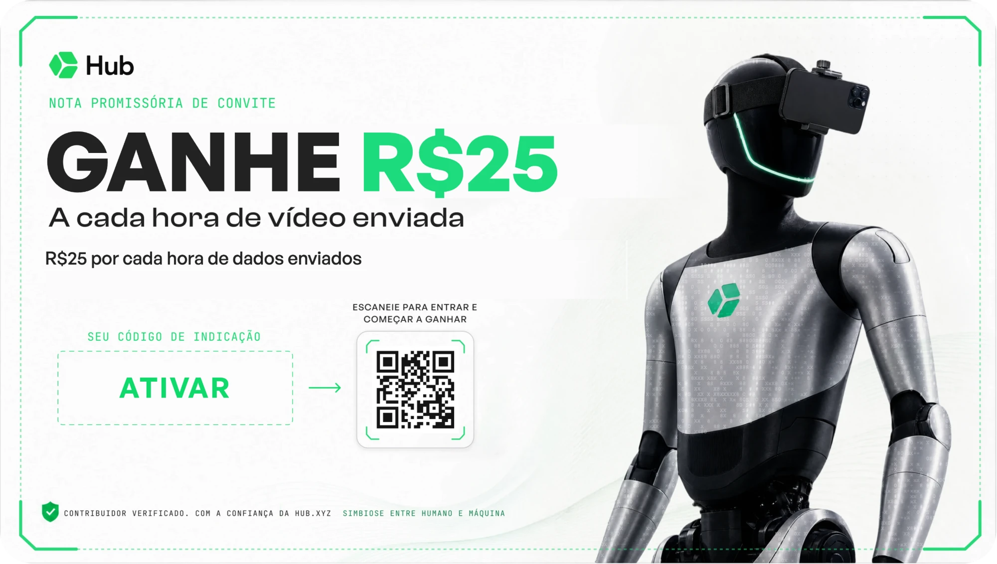 Cartão oficial de convite da Hub: ganhe R$ 25 a cada hora de vídeo enviada. Código de indicação ATIVAR, com QR code para cadastro.